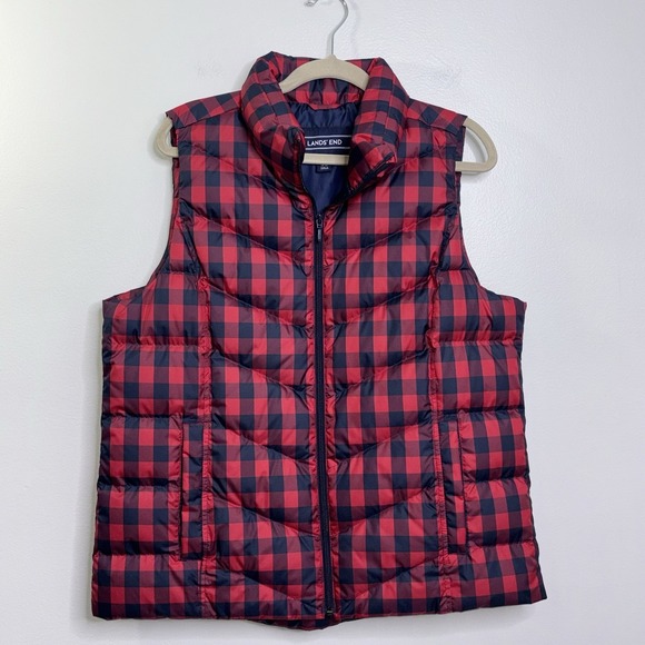 Lands' End Jackets & Blazers - Lands End Puffer Vest Womens Large Down Filled Buffalo Plaid Check Red Blue